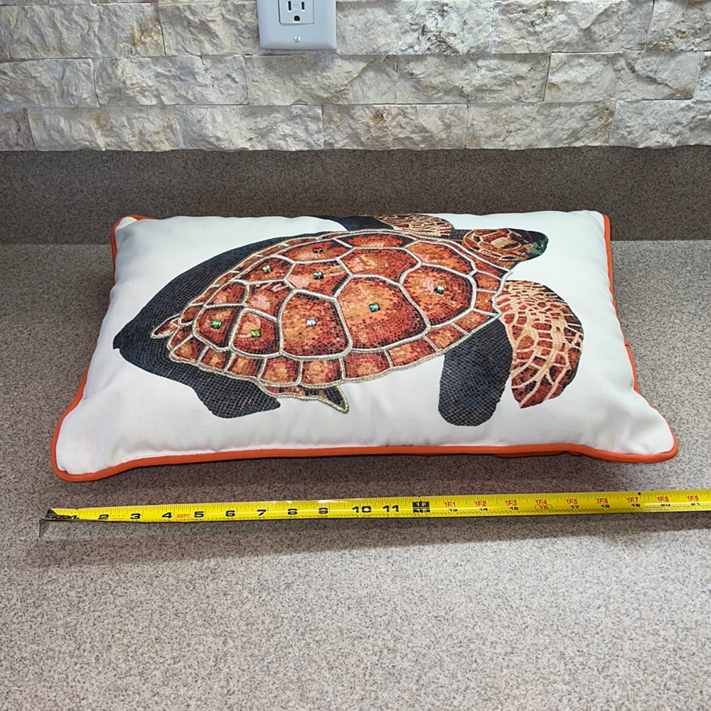 New decorative pillow Cream/Orange Trim mosaic print w/jewel accents TURTLE
